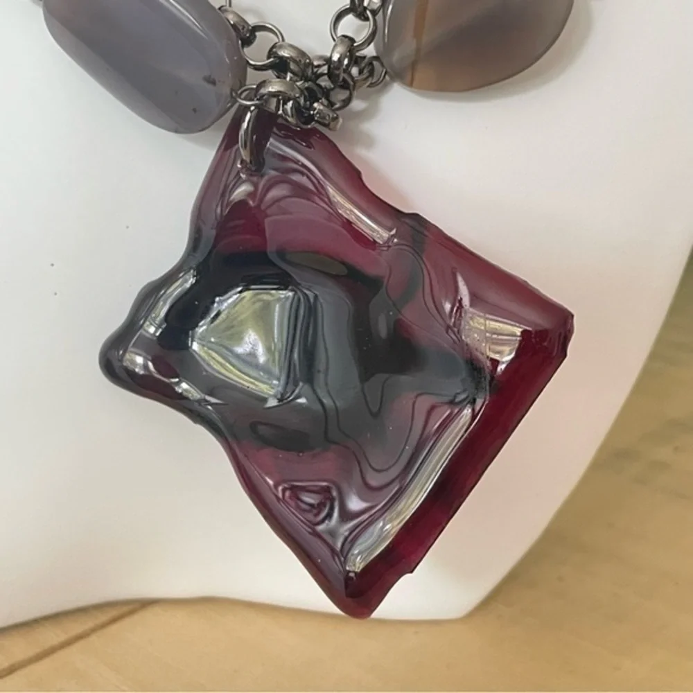 Handmade Maroon Glass Turtle Agate Statement Necklace Handmade Ocean Metal Gift